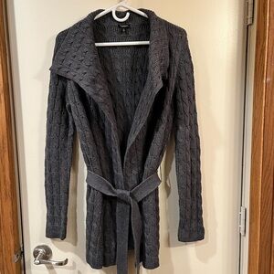 Talbots Long Line Gray Cable Knit Cotton Cardigan with Waist Tie - Size XS